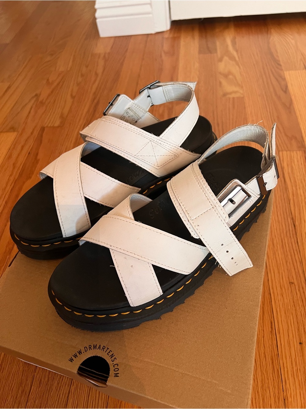 Dr. Martens White Leather Cross-Strap Platform Sandals